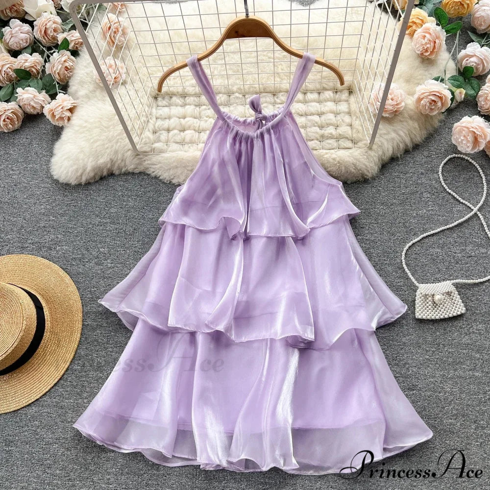 Mesh Ruffled Stylish Halter Mini Dress PURPLE / L