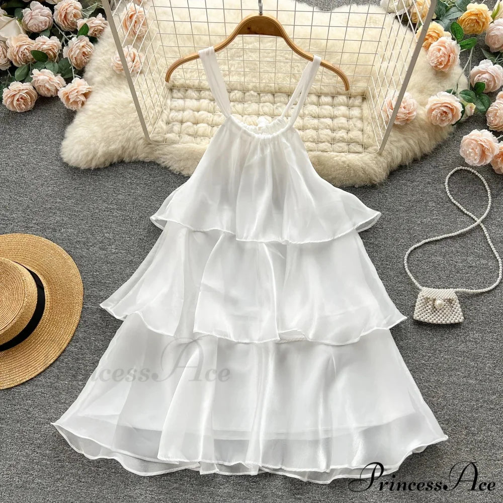 Mesh Ruffled Stylish Halter Mini Dress WHITE / L