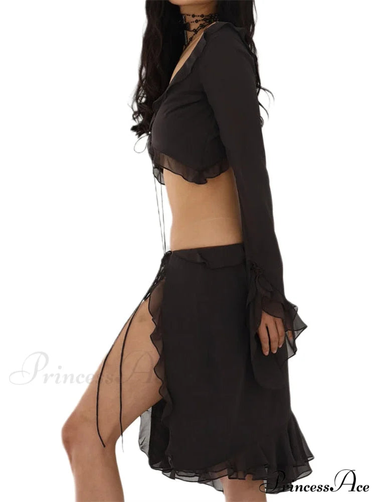 Mesh Ruffles Long Sleeve Tie Up Modern Crop Top And Wrap Skirt Set