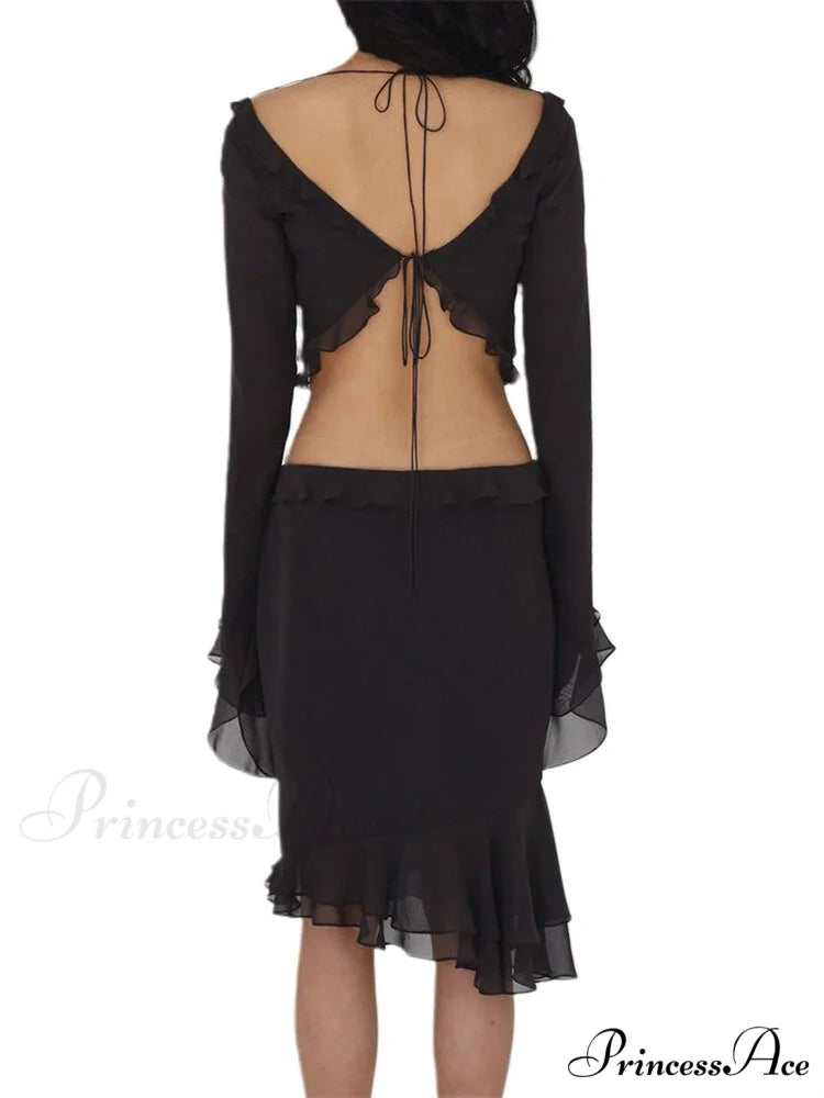 Mesh Ruffles Long Sleeve Tie Up Modern Crop Top And Wrap Skirt Set
