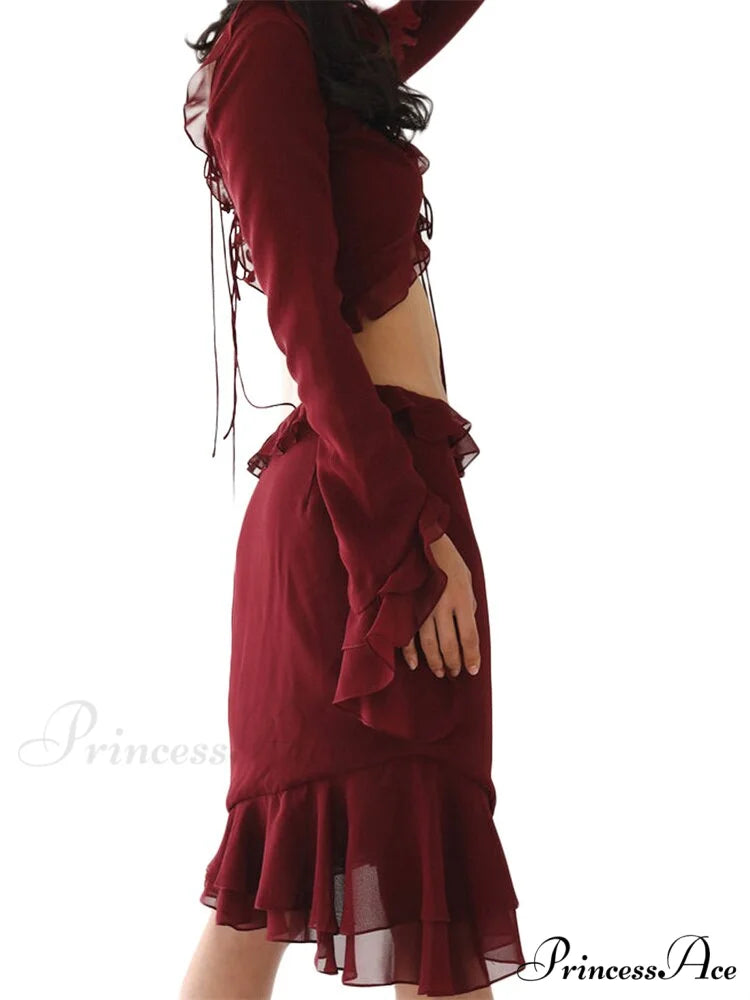 Mesh Ruffles Long Sleeve Tie Up Modern Crop Top And Wrap Skirt Set