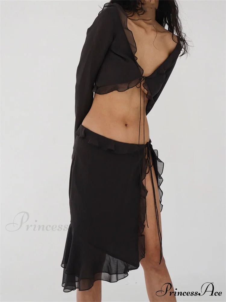 Mesh Ruffles Long Sleeve Tie Up Modern Crop Top And Wrap Skirt Set Black / S