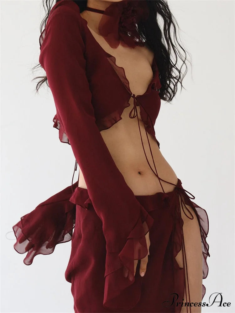 Mesh Ruffles Long Sleeve Tie Up Modern Crop Top And Wrap Skirt Set Red / S