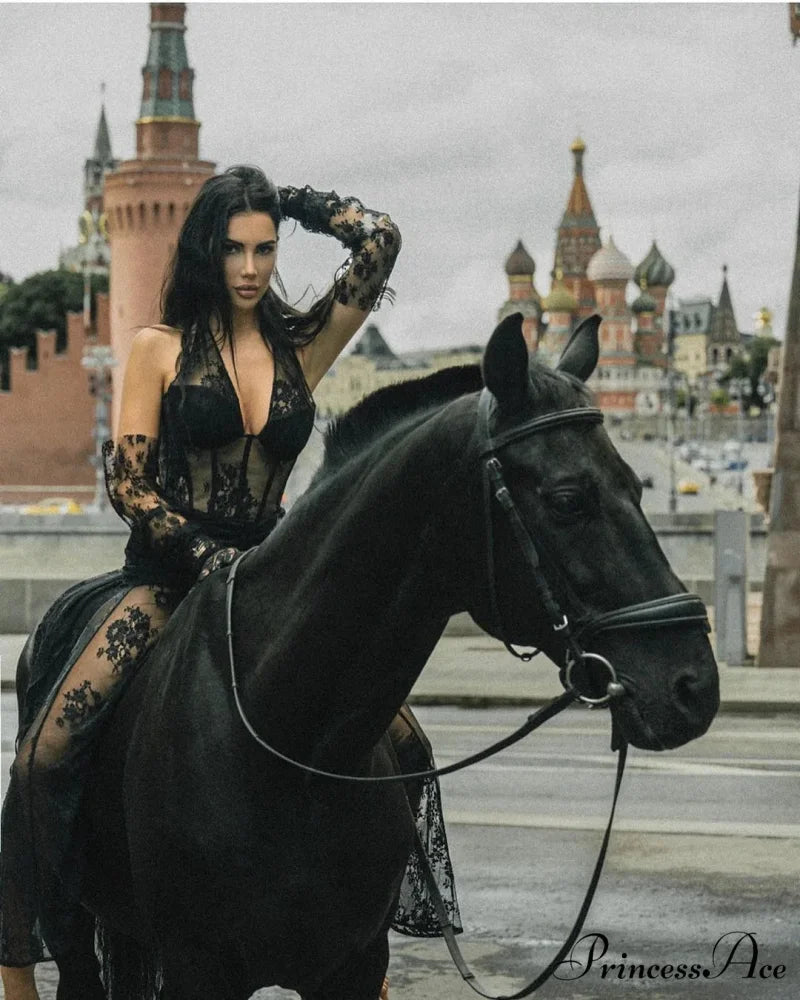 Mesh See-Through Lace Long Party Dress