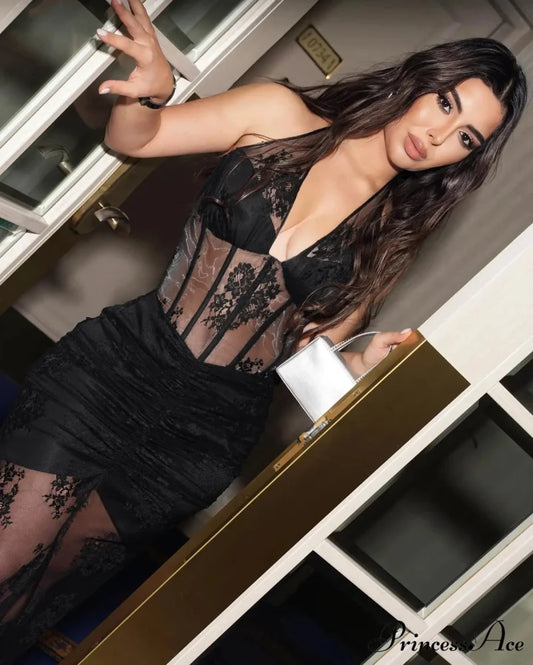 Mesh See-Through Lace Long Party Dress