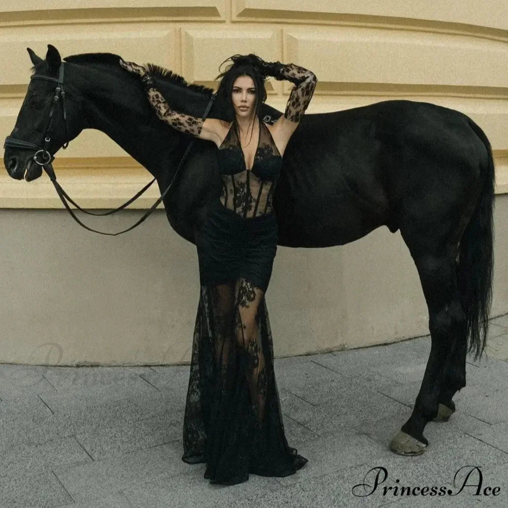 Mesh See-Through Lace Long Party Dress