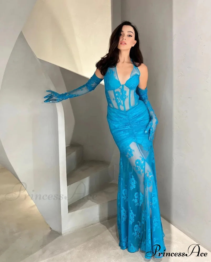 Mesh See-Through Lace Long Party Dress SKY BLUE / S