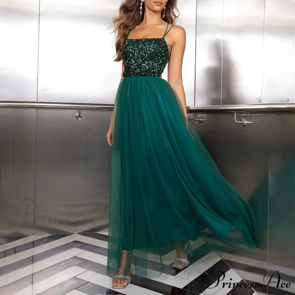 Mesh Sequin Party Spaghetti Strap Split Long A-Line Elegant Sleeveless Evening Wedding Dress Green / S