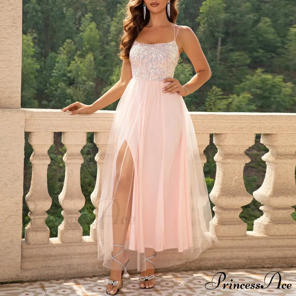 Mesh Sequin Party Spaghetti Strap Split Long A-Line Elegant Sleeveless Evening Wedding Dress Pink / S