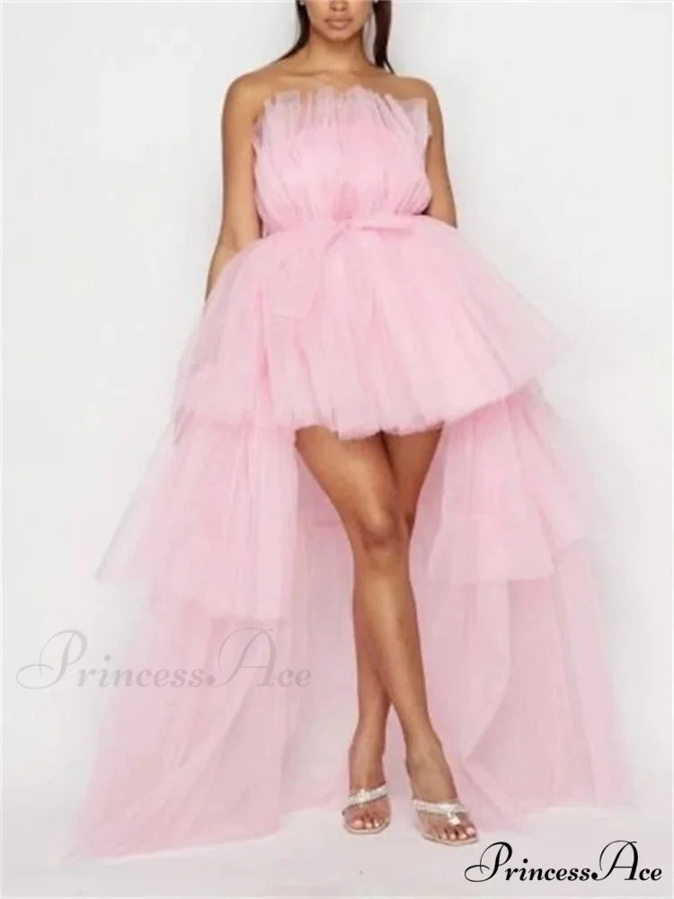Mesh Sheer Elegant Women Formal Ball Gown Strapless Off Shoulder High Waist Asymmetrical Hem Tulle Pink / S