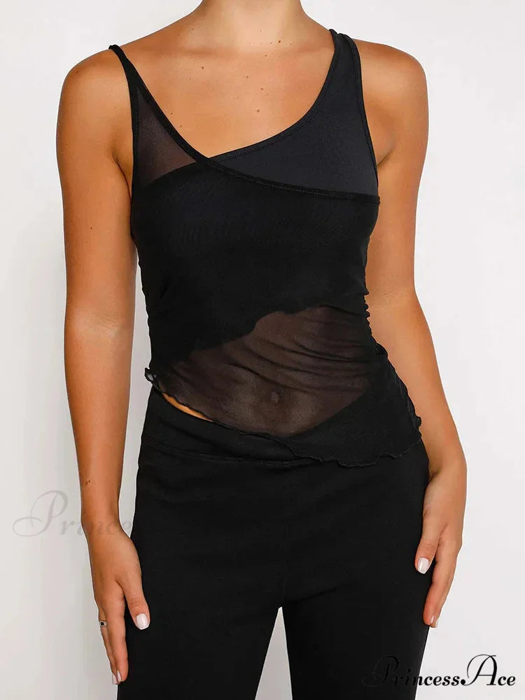 Mesh Sheer See Through Patchwork Tank Exposed Navels Summer Streetwear Women Irregular Hem Black Mini Vests Tank top