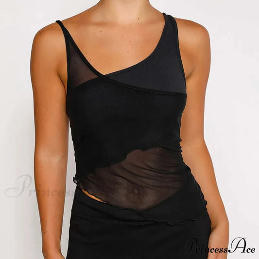 Mesh Sheer See Through Patchwork Tank Exposed Navels Summer Streetwear Women Irregular Hem Black Mini Vests Tank top