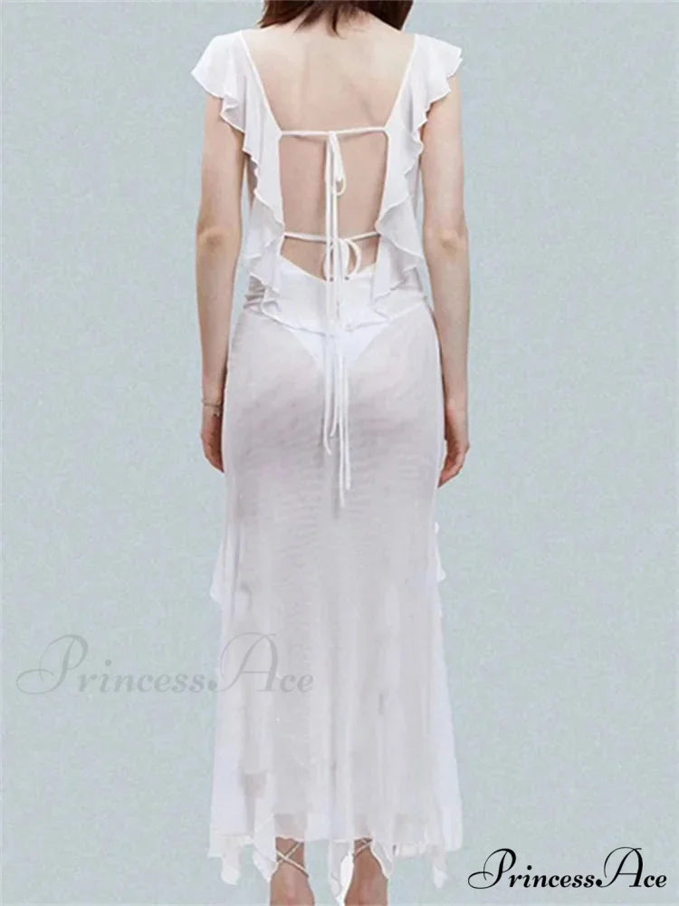 Mesh Sheer See Through Summer Beach Cover Ups for Women Sleeveless Backless Ruffles Split Tassels Vestidos