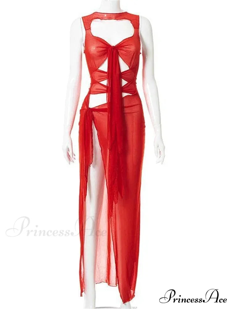 Mesh Sheer See Through Summer for Women Beach Party Clubwear Sleeveless Hollow Out Female Vestidos Red / S