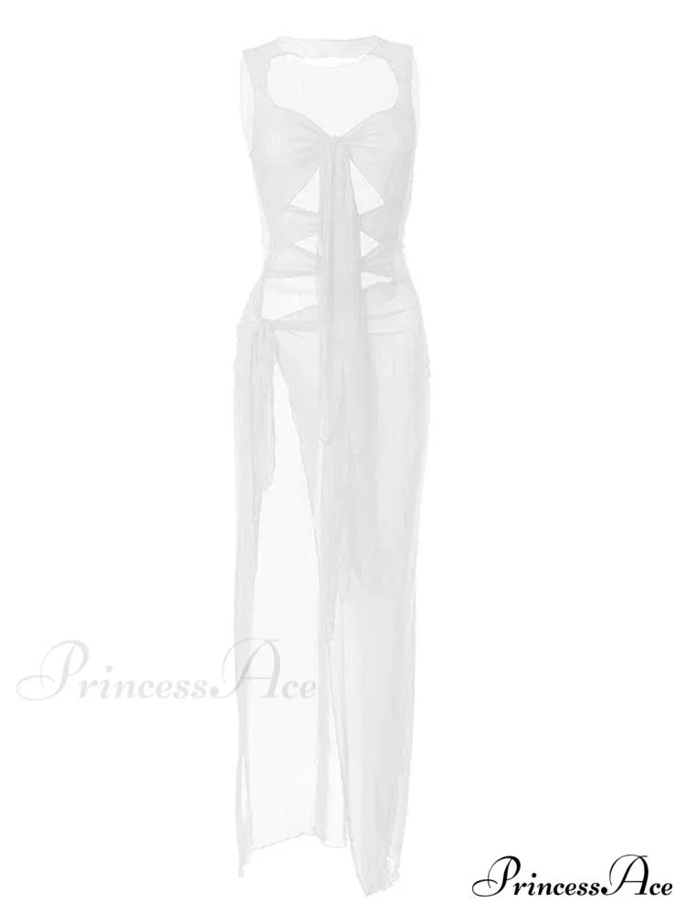 Mesh Sheer See Through Summer for Women Beach Party Clubwear Sleeveless Hollow Out Female Vestidos WHITE / S