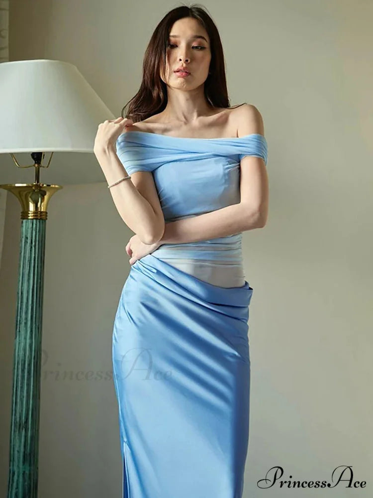 Mesh Shoulder Vacation Dress Blue / S vacationdress-250223