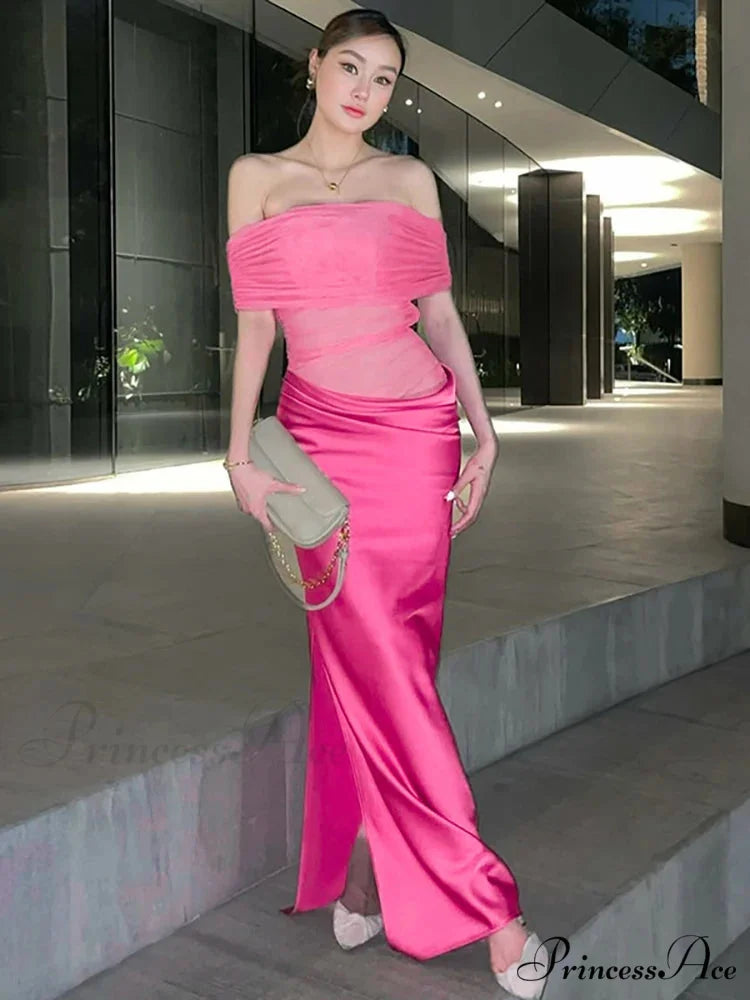 Mesh Shoulder Vacation Dress Rose Red / S vacationdress-250223