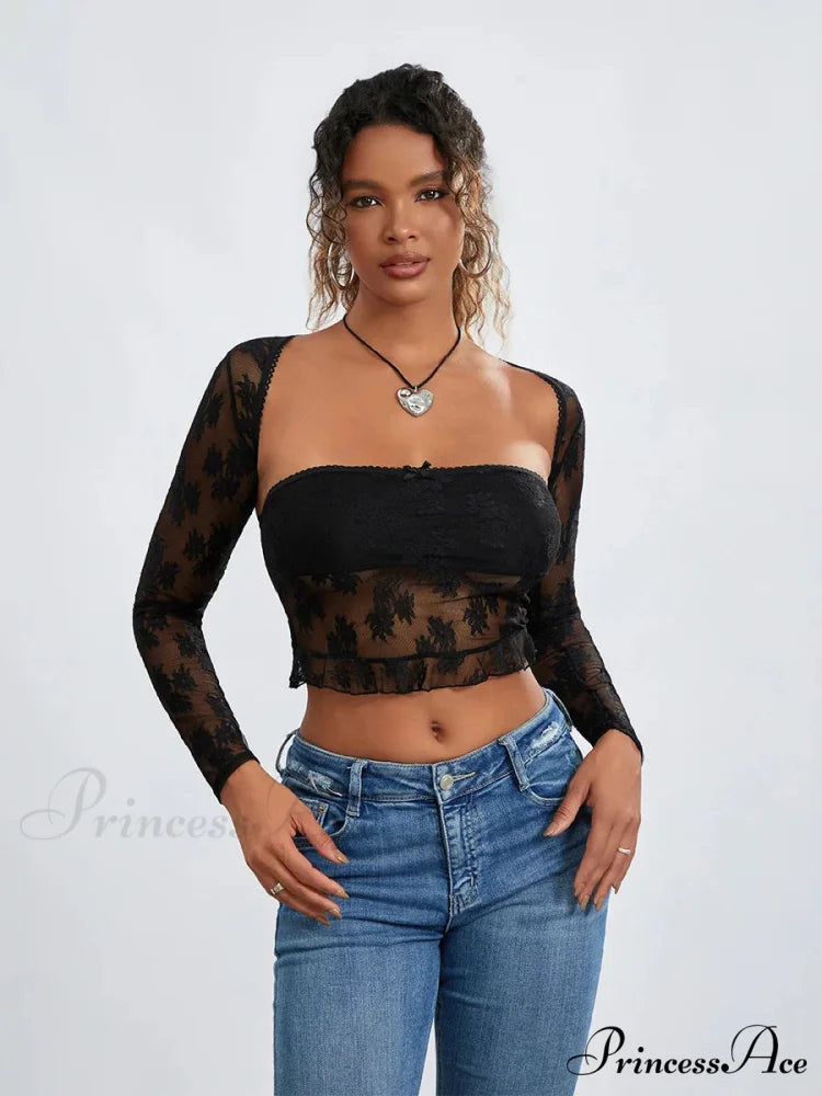 Mesh Shrug Two-piece Blossom Sheer Mesh Crop Outfit black lace / S croptop-250126