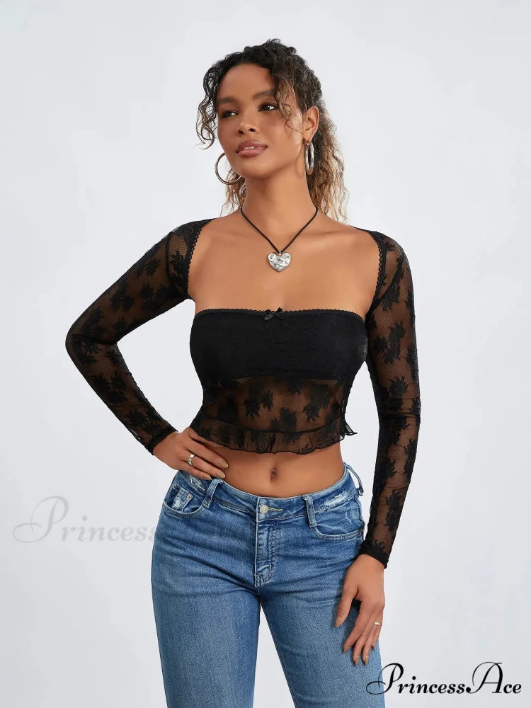 Mesh Shrug Two-piece Blossom Sheer Mesh Crop Outfit croptop-250126