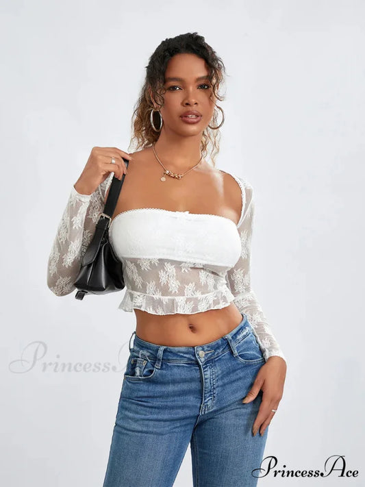 Mesh Shrug Two-piece Blossom Sheer Mesh Crop Outfit croptop-250126