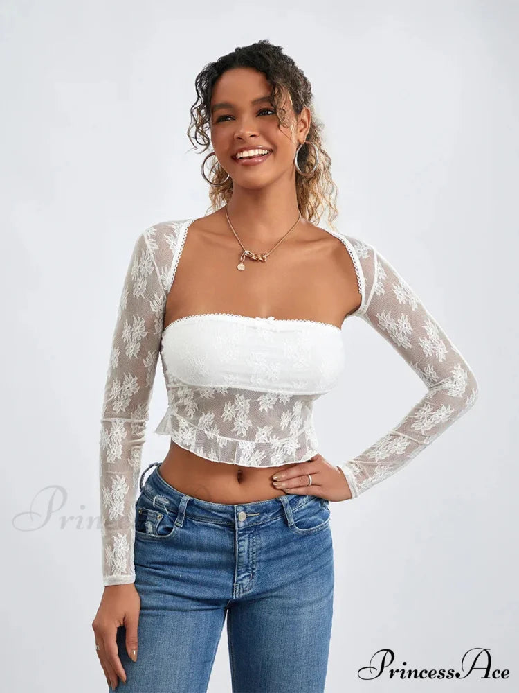 Mesh Shrug Two-piece Blossom Sheer Mesh Crop Outfit WHITE / S croptop-250126