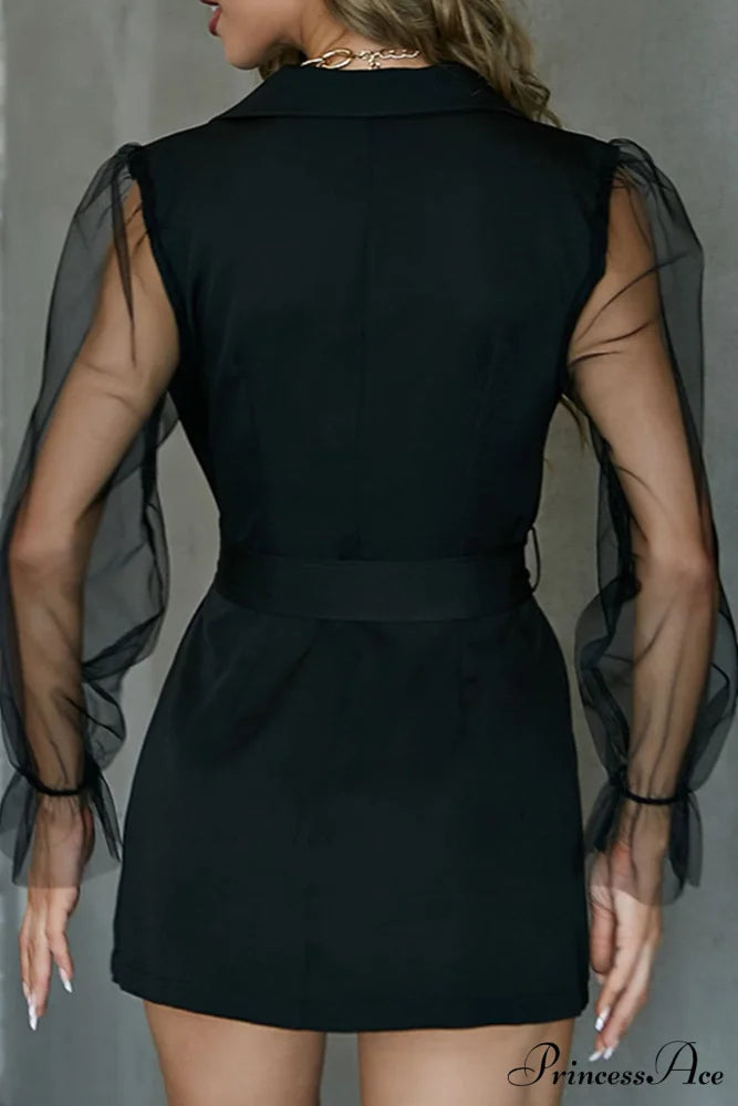 Mesh Sleeves Blazer Dress with Double-breasted Belt Black / L