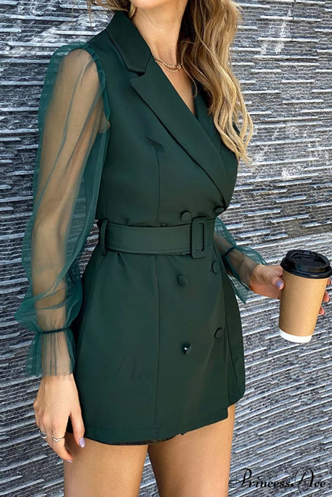 Mesh Sleeves Blazer Dress with Double-breasted Belt Dark Green / L