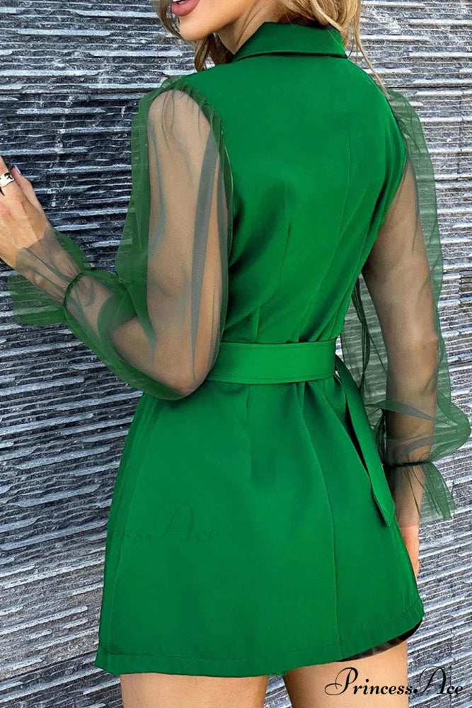 Mesh Sleeves Blazer Dress with Double-breasted Belt Green / L