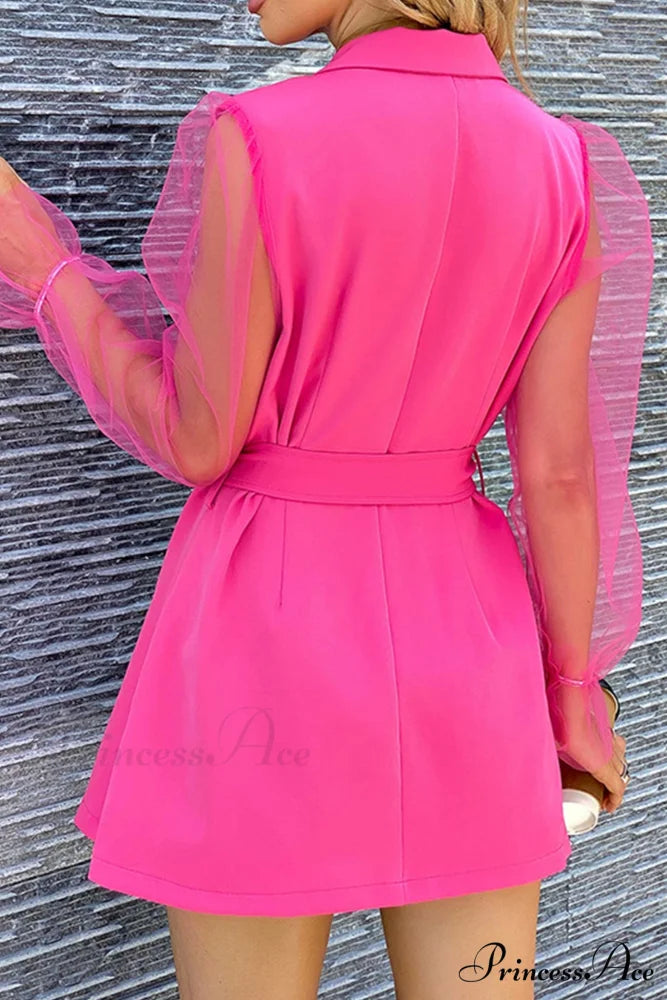 Mesh Sleeves Blazer Dress with Double-breasted Belt Rose / L