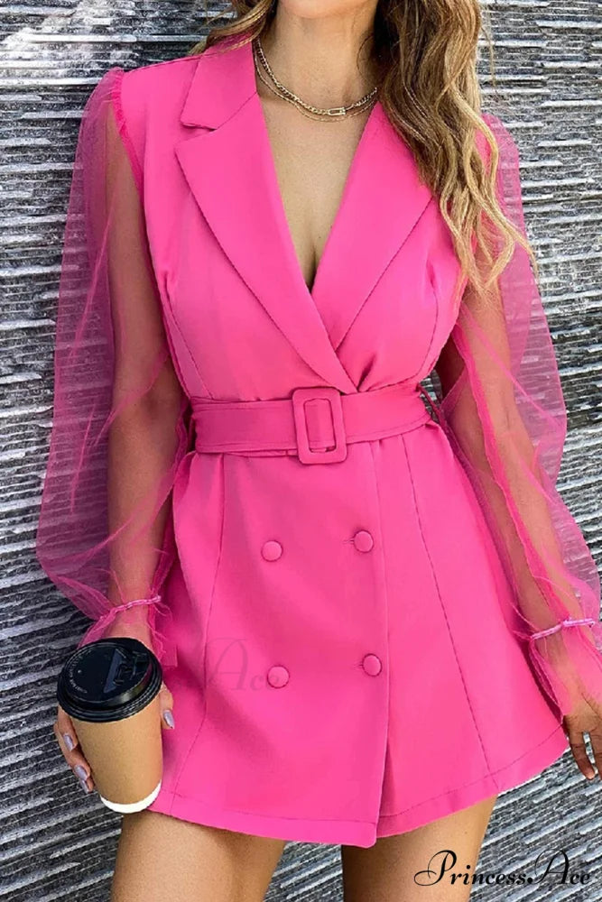 Mesh Sleeves Blazer Dress with Double-breasted Belt Rose / S