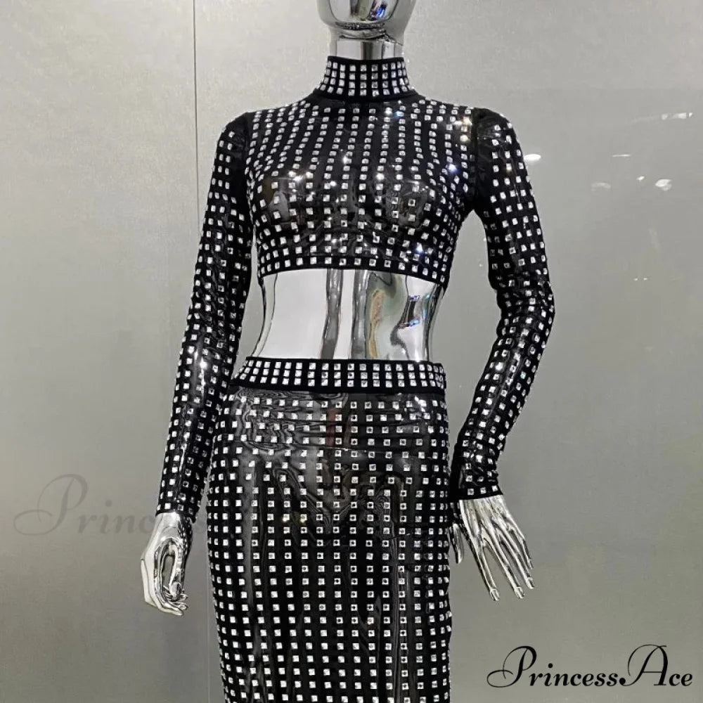 Mesh Top Skirt Sparkling Party Dress Black Top / S