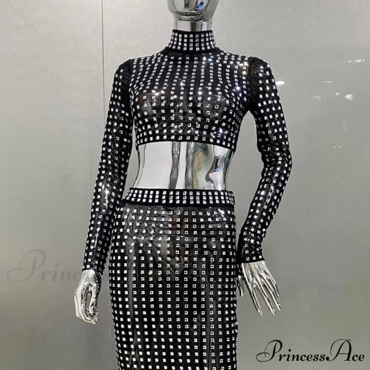 Mesh Top Skirt Sparkling Party Dress Black Top / S