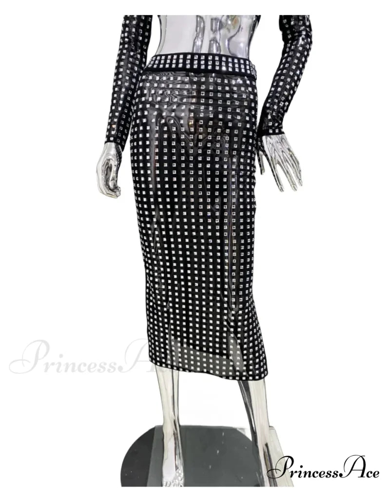 Mesh Top Skirt Sparkling Party Dress Black Skirt / S
