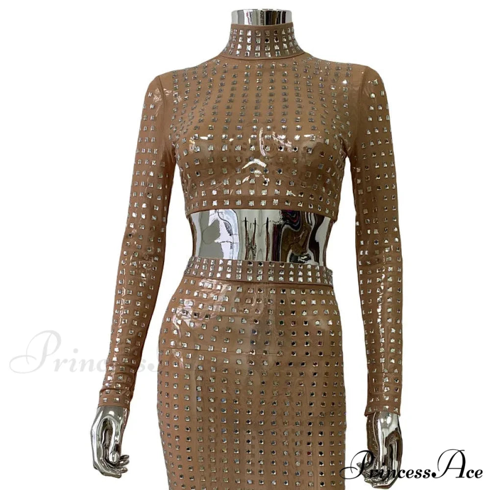 Mesh Top Skirt Sparkling Party Dress khaki Top / S