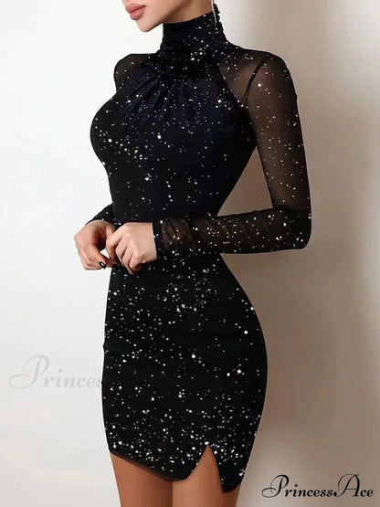 Mesh Transparent Shiny Print Turtleneck Long Sleeve Dress