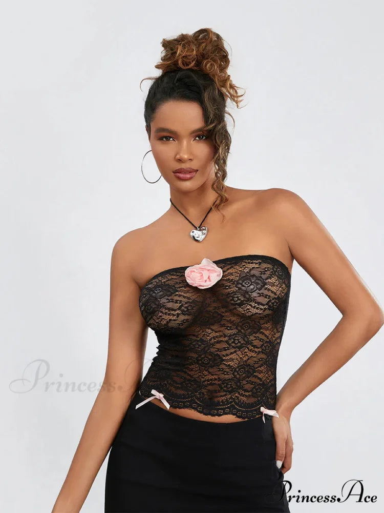 Mesh Transparent Strapless 3D Flower Bandeau croptop-250126