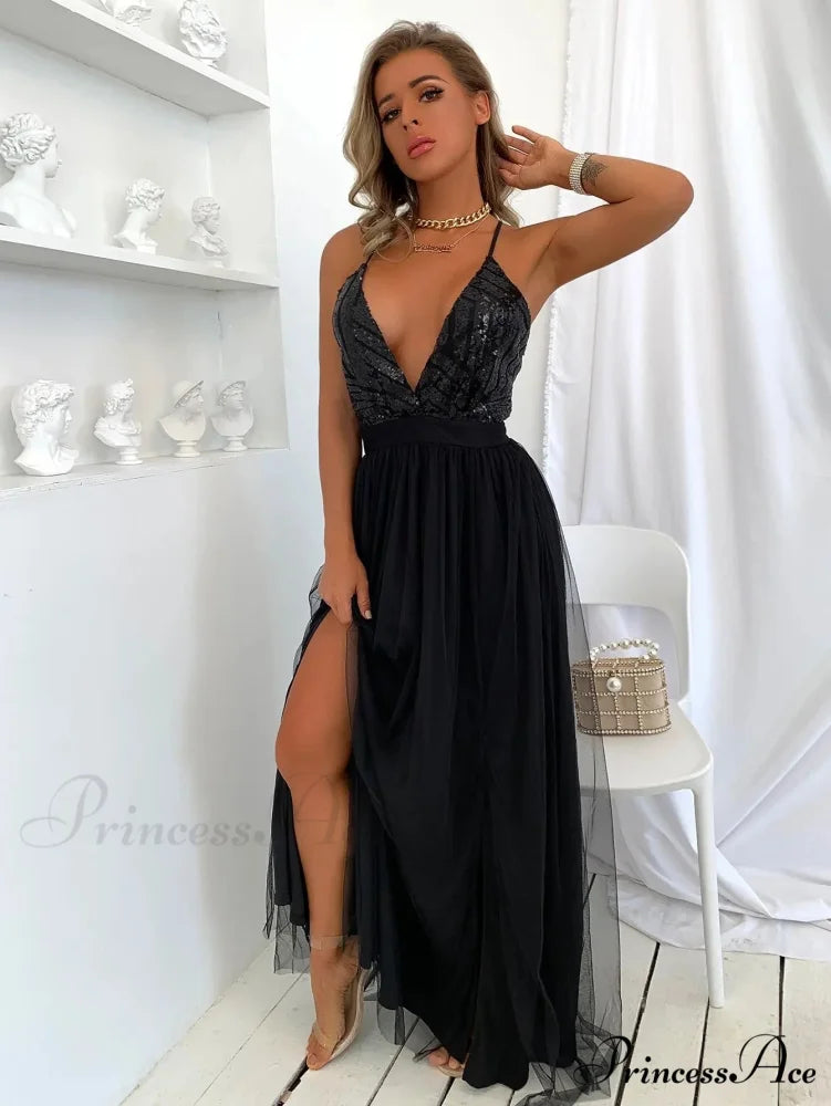 Mesh V-neck Maxi Dress Black / Xs
