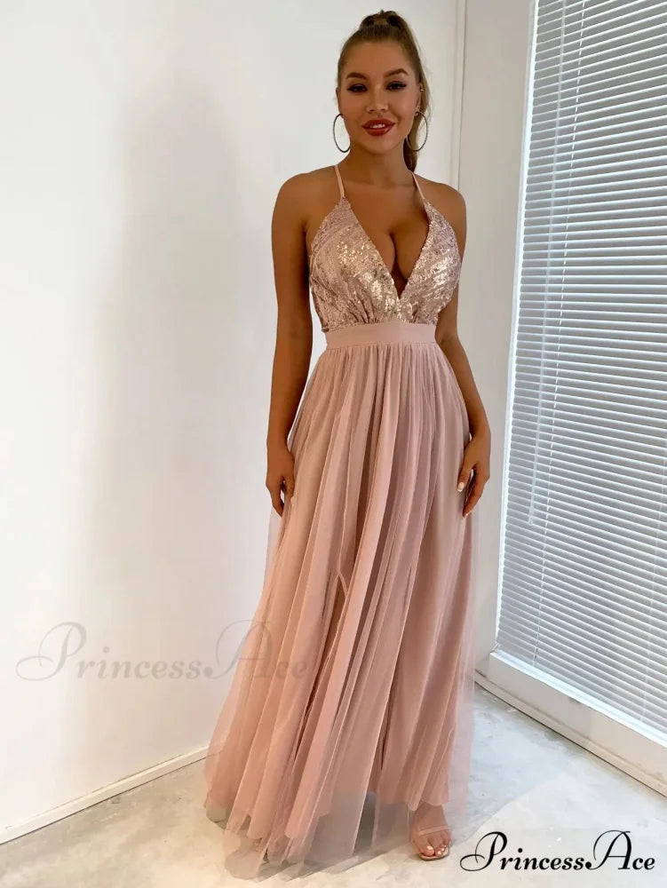 Mesh V-neck Maxi Dress Champagne / Xs