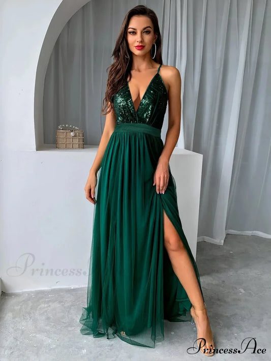 Mesh V-neck Maxi Dress GREEN / Xs