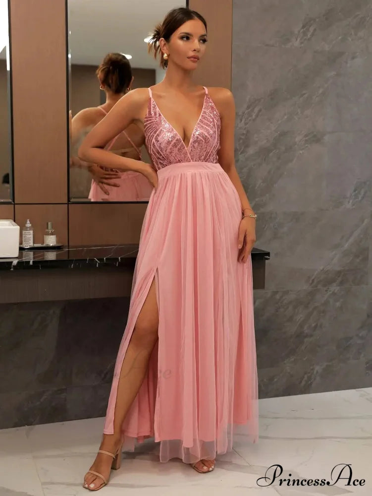 Mesh V-neck Maxi Dress Pink / Xs