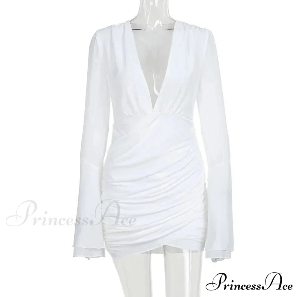 Mesh V Neck Pleated Short Flare Sleeve Slim High Waist Mini Night Club Bodycon Dress WHITE / S