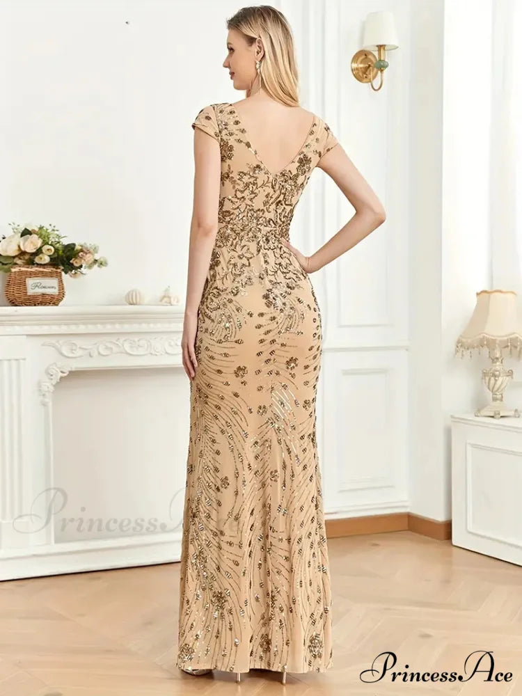 Mesh V Neck Sequin Cap Sleeve Ankle Prom Dress M / Light Bue