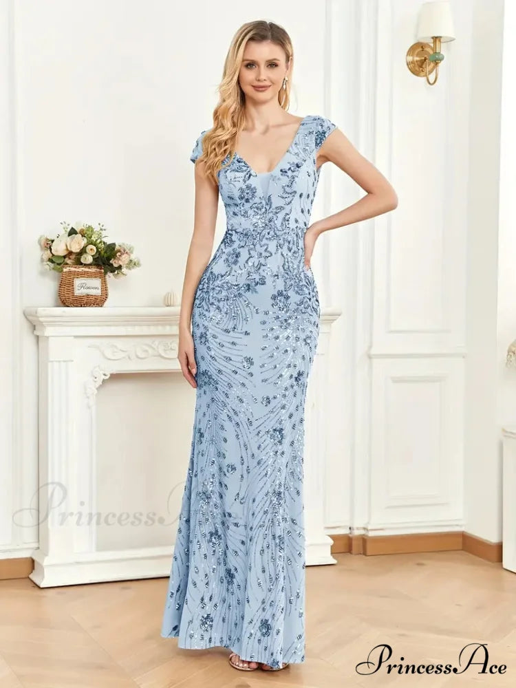 Mesh V Neck Sequin Cap Sleeve Ankle Prom Dress M / Pink