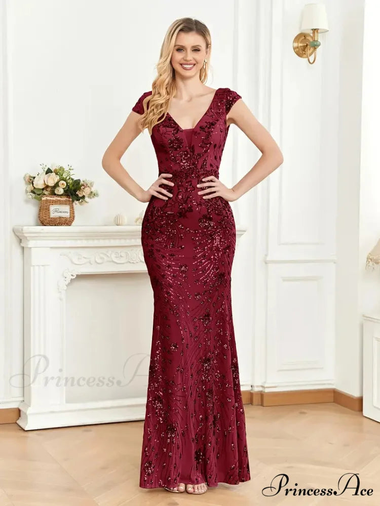 Mesh V Neck Sequin Cap Sleeve Ankle Prom Dress S / Black
