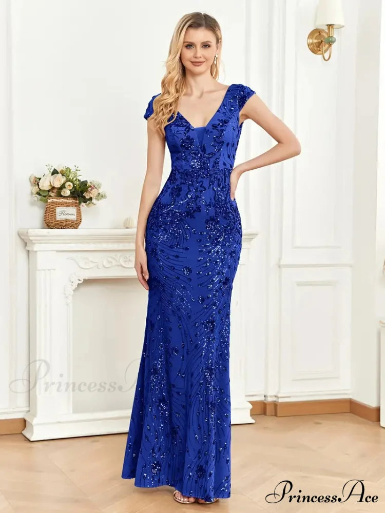 Mesh V Neck Sequin Cap Sleeve Ankle Prom Dress S / Gold