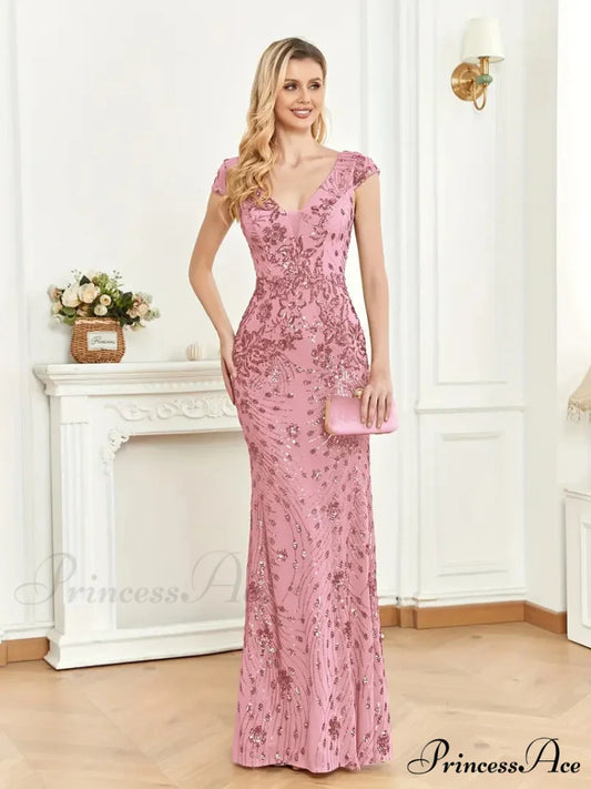 Mesh V Neck Sequin Cap Sleeve Ankle Prom Dress S / Light Bue