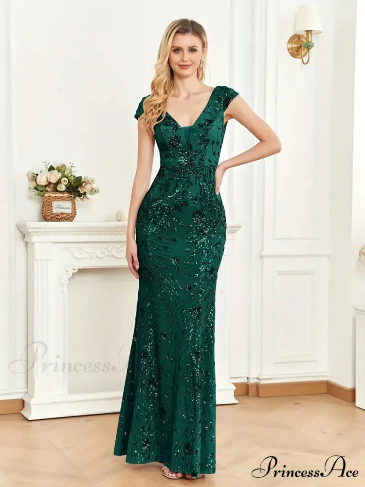 Mesh V Neck Sequin Cap Sleeve Ankle Prom Dress S / Navy
