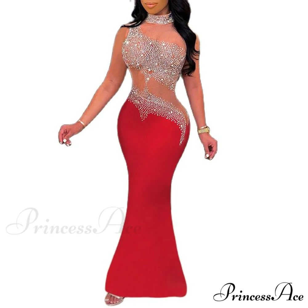 Mesh with Rhinestone Gown Formal Elegant Gown Full-Length Splicing