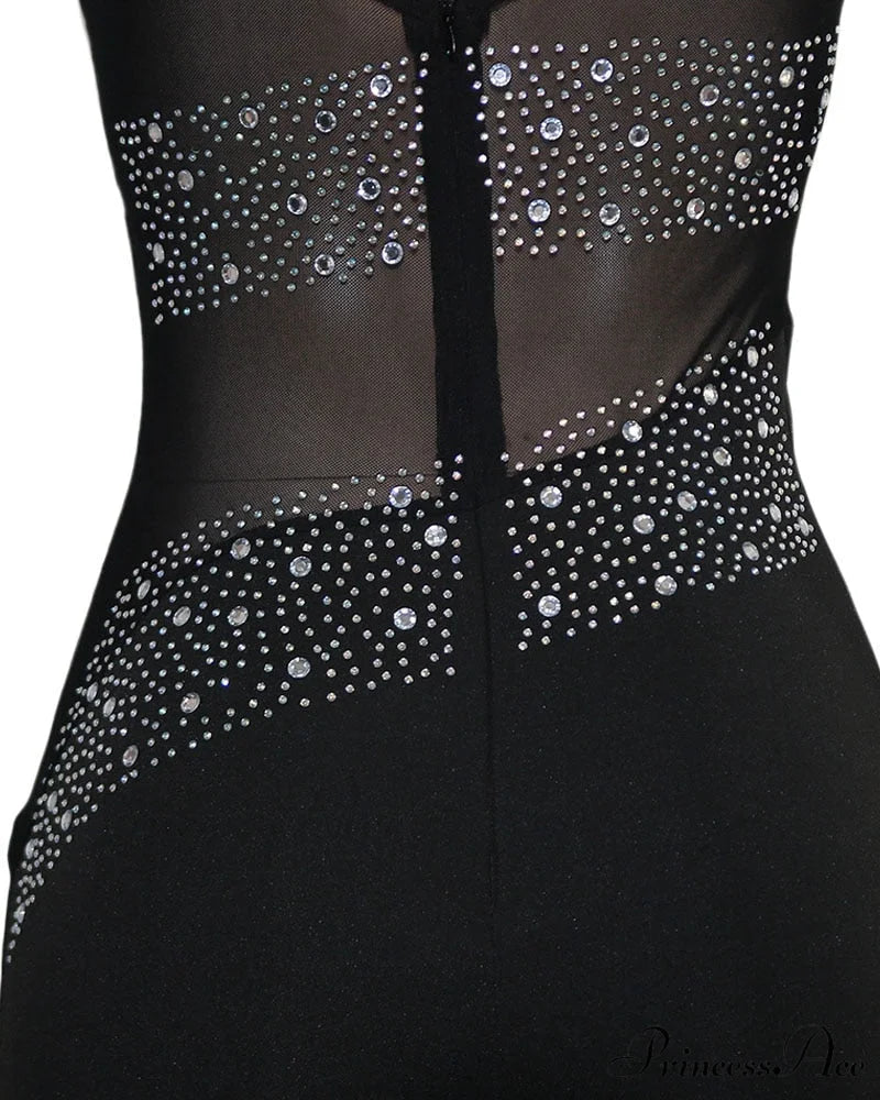 Mesh with Rhinestone Gown Formal Elegant Gown Full-Length Splicing