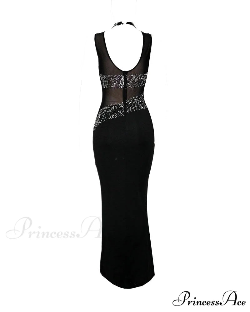 Mesh with Rhinestone Gown Formal Elegant Gown Full-Length Splicing